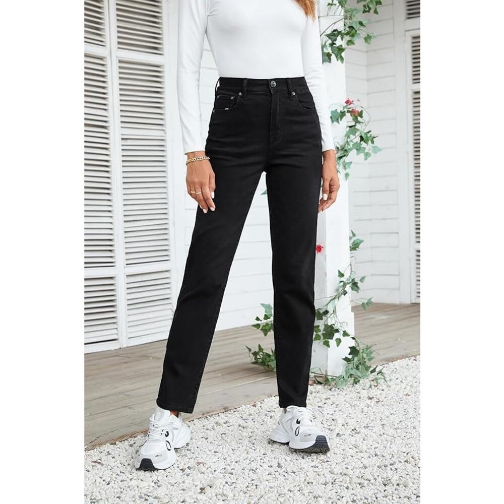 Womens High Waisted Straight Leg Mom Jeans Black Size 12 Stretch Denim